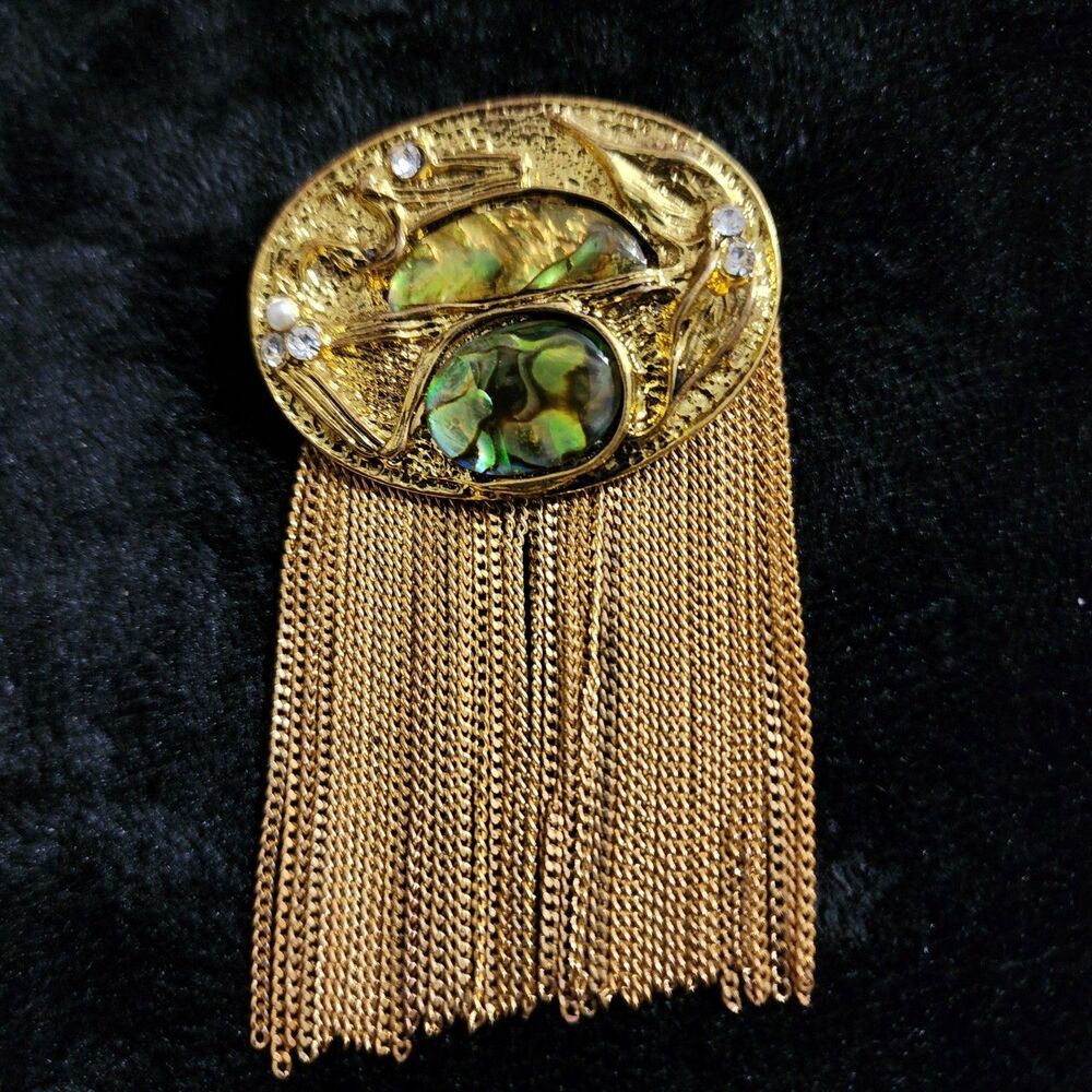 Vintage Gold Tone Abalone Rhinestone Brass Waterfall Brooch Art Deco Modernist